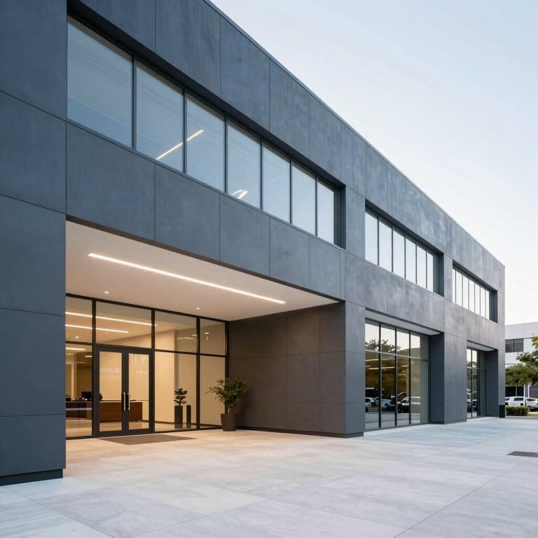 A wide, bright North American / US corporate lobby with modern architecture, Slate Blue accents, and a clean, minimalist aesthetic.