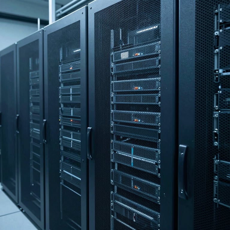 An organized server room or data center in a North American / US facility, highlighting technical precision and reliability through Slate Blue lighting.