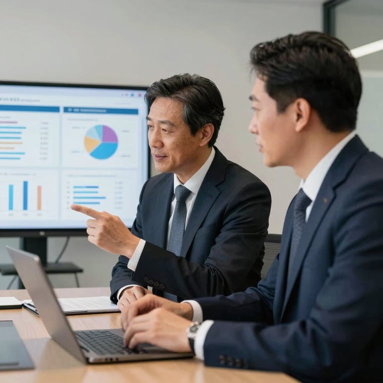Two professionals in a North American / US boardroom reviewing data on a screen, professional Deep Navy business attire, clean composition.