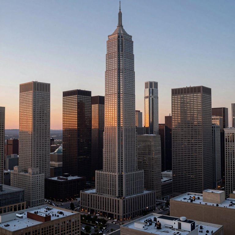 A high-rise view of a North American / US business district at dusk, symbolizing the reach and scale of Snowfall Ridge's infrastructure solutions.