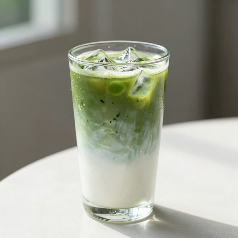 Iced matcha latte with beautifully layered milk and green tea in a clear glass.