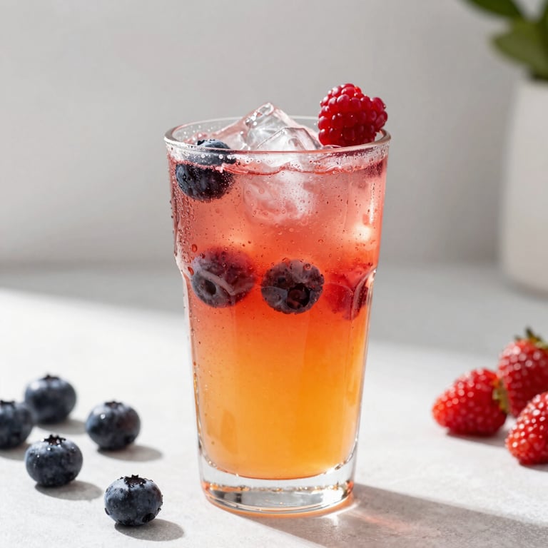 Vibrant layered energy drink with fresh berries in a clear cup with condensation.