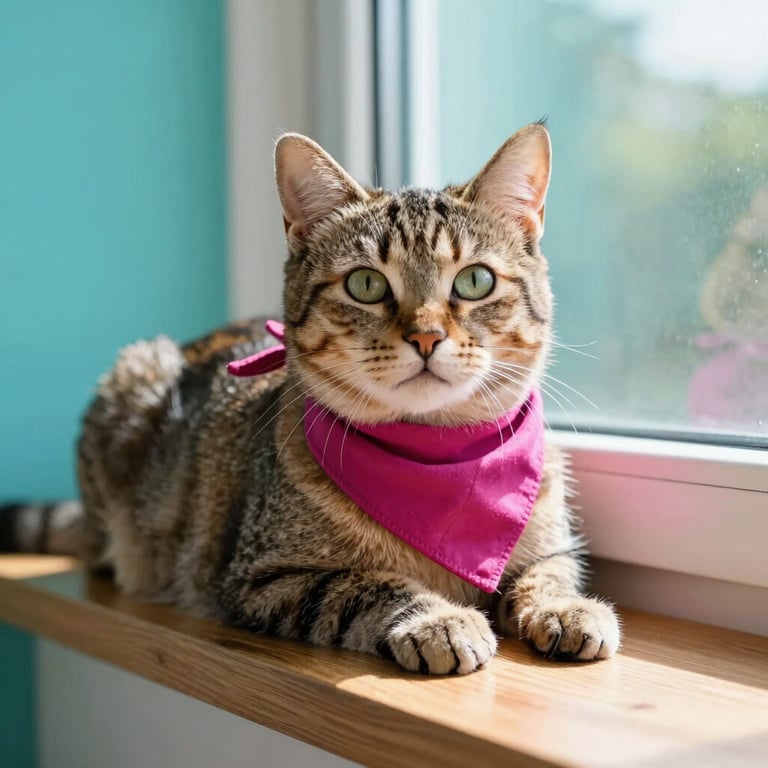 gata tabby con paliacate rosa tomando el sol en la ventana