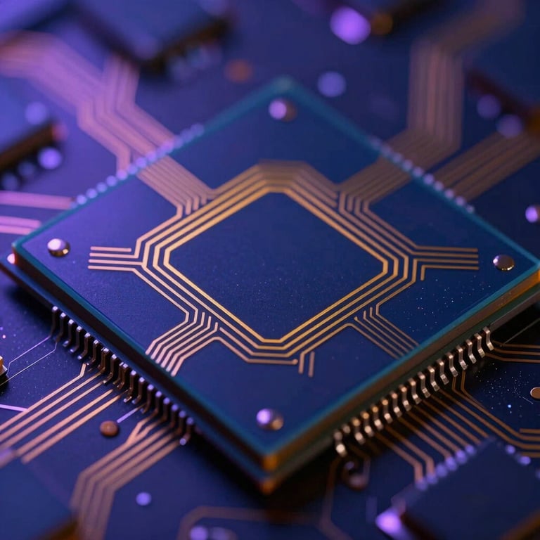 Macro photography of a superconducting qubit chip, gold lines on deep blue silicon, sharp geometric pathways, dark high-contrast shadows, purple neon highlights