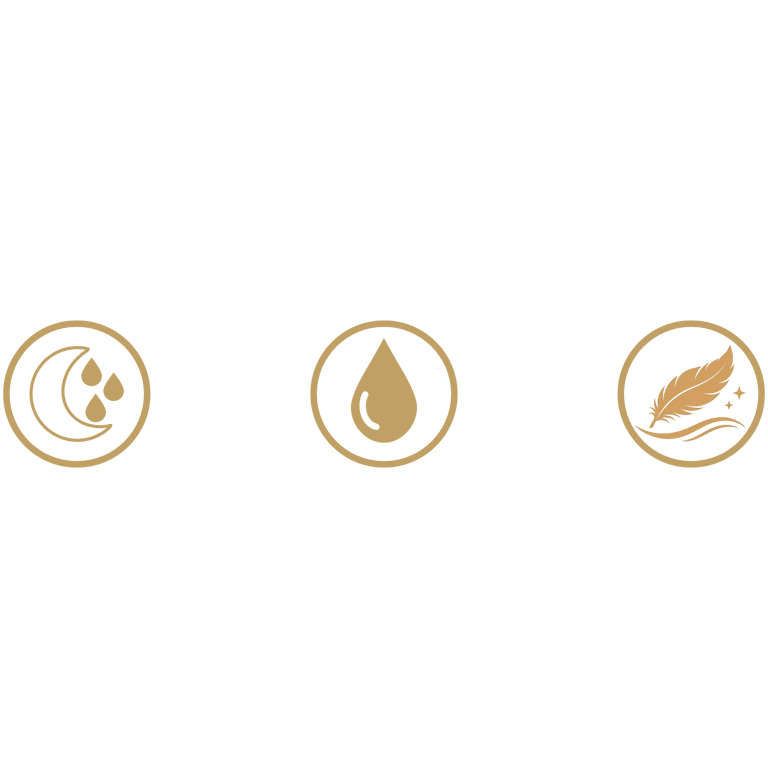Gold icons for night use, hydration, and soft lightweight texture on a black background.