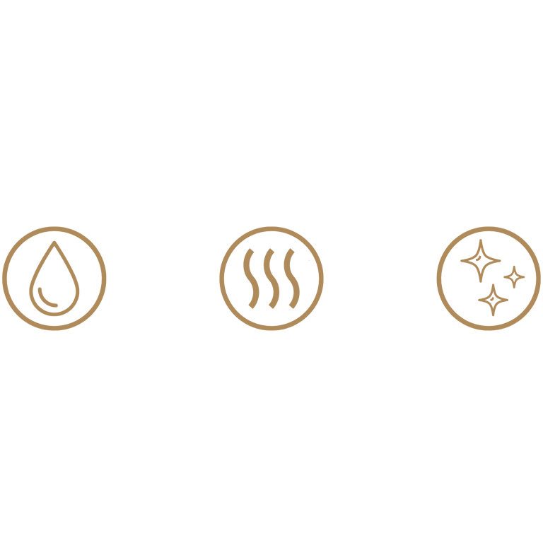 Gold icons for water droplet, heat steam, and sparkles on a black background for product features.