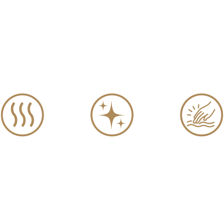 Gold icons on a black background representing heat, shine, and soft texture for luxury product features.
