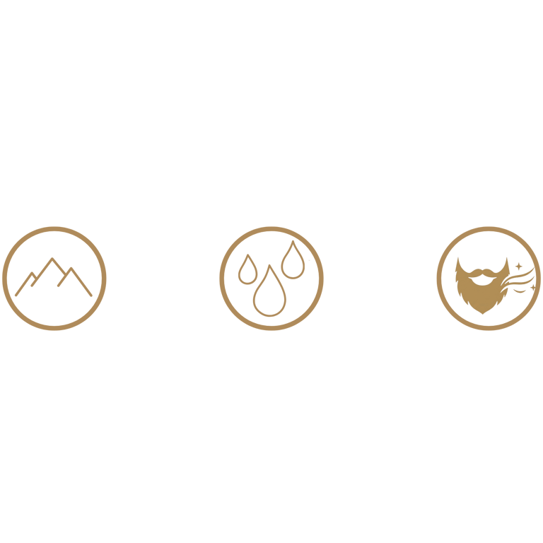Gold grooming icons featuring mountain peaks, oil droplets, and a scented beard on a black background.