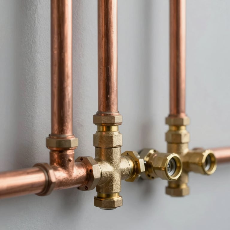 Close-up photography of modern copper plumbing pipes and brass valves, beautifully installed against a clean light grey wall, professional technical aesthetic, Northeastern France / Grand Est.