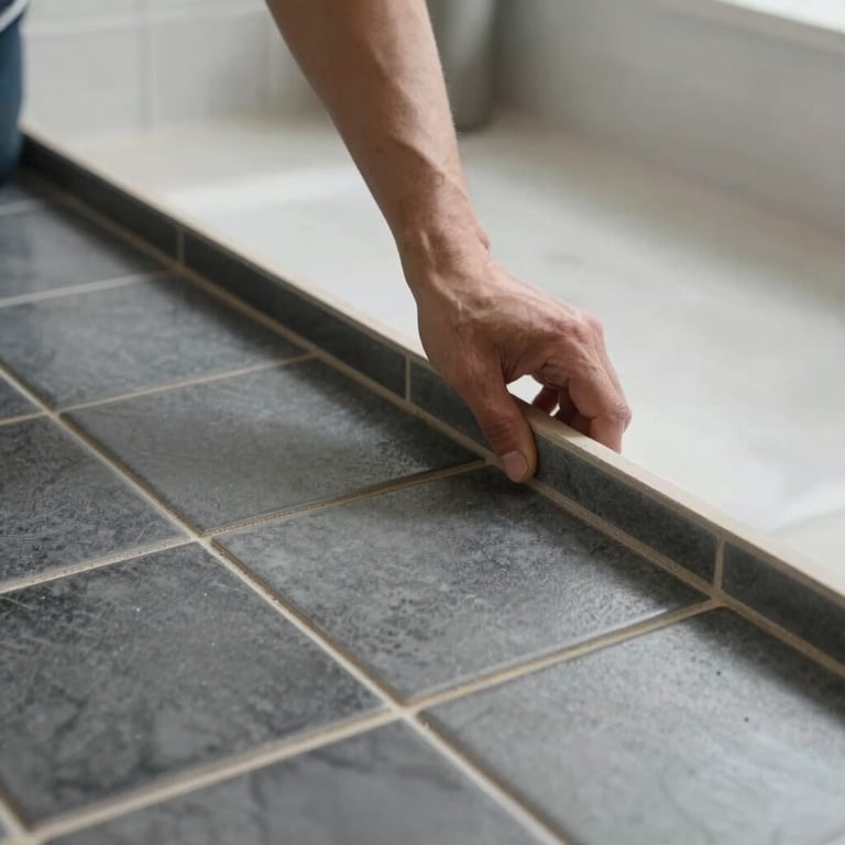 Close-up of elegant dark gray porcelain floor tiles being perfectly leveled by an artisan in a bright bathroom.