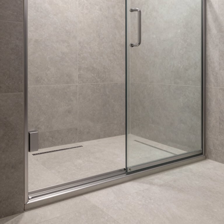 Modern walk-in shower featuring a seamless linear drain and large-format light gray wall tiles.