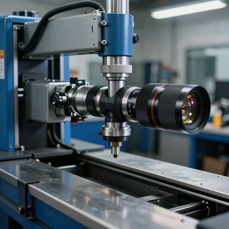 Professional automotive alignment machine in action, South American workshop setting, steel blue tones.
