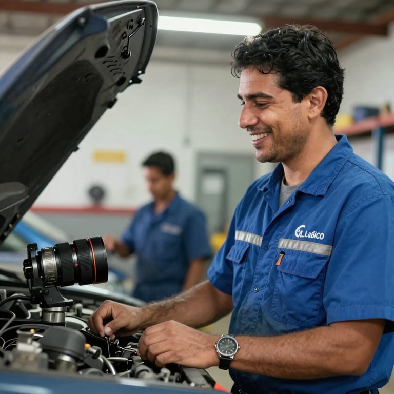 A happy customer in a South American setting talking to a friendly mechanic in a professional uniform.