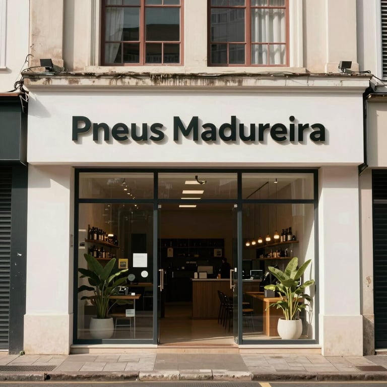 Exterior view of the Pneus Madureira storefront in a Brazilian city, clean and inviting architecture.