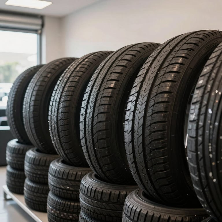 Rows of new high-quality tires displayed in a bright, modern Brazilian showroom.