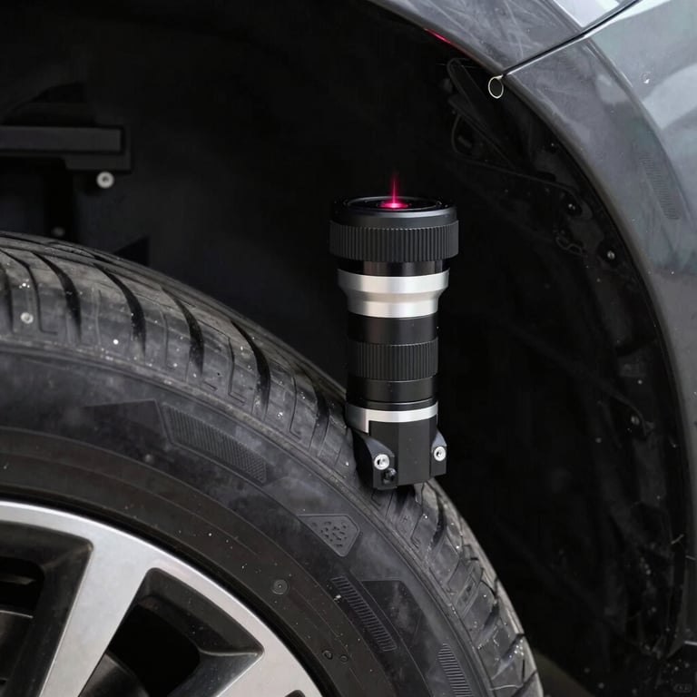 Close-up of a laser sensor on a car tire during a precision alignment process.