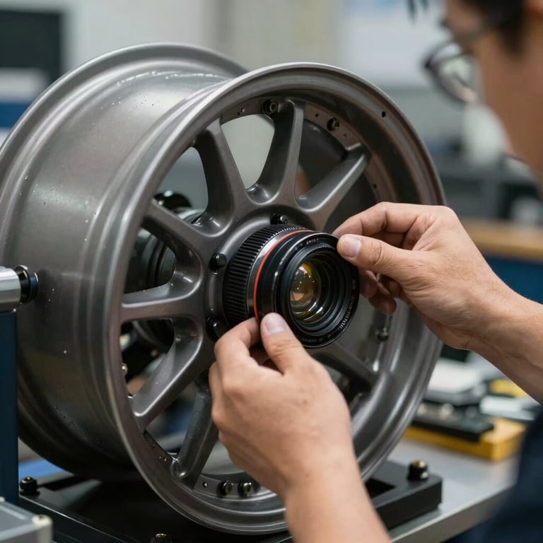 A technician's hands carefully balancing a car wheel using advanced equipment.