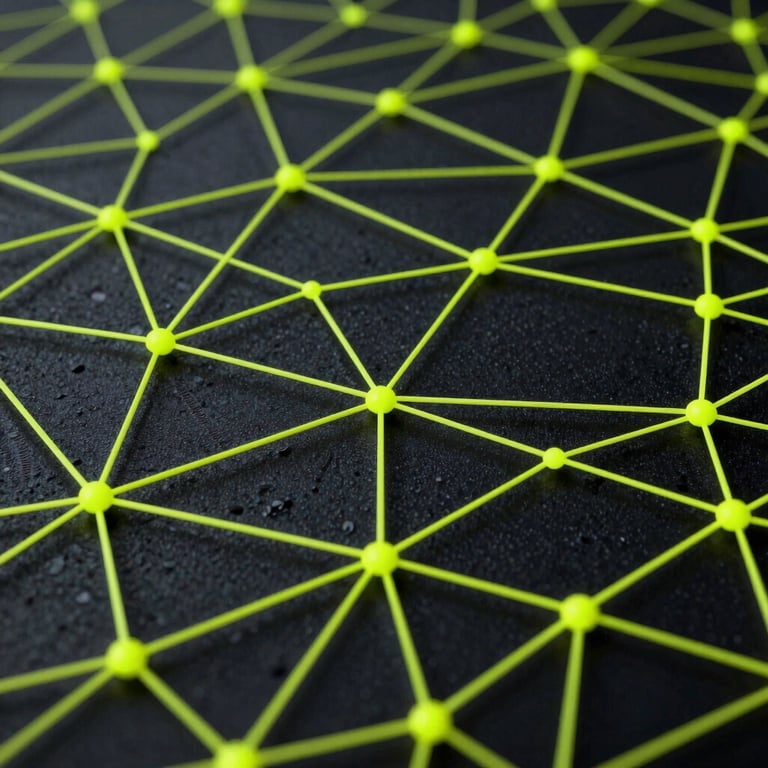 High-contrast vector diagram of a decentralized node network, electric-lime connection paths on deep obsidian background, sharp geometric lines, macro crop, technical precision.