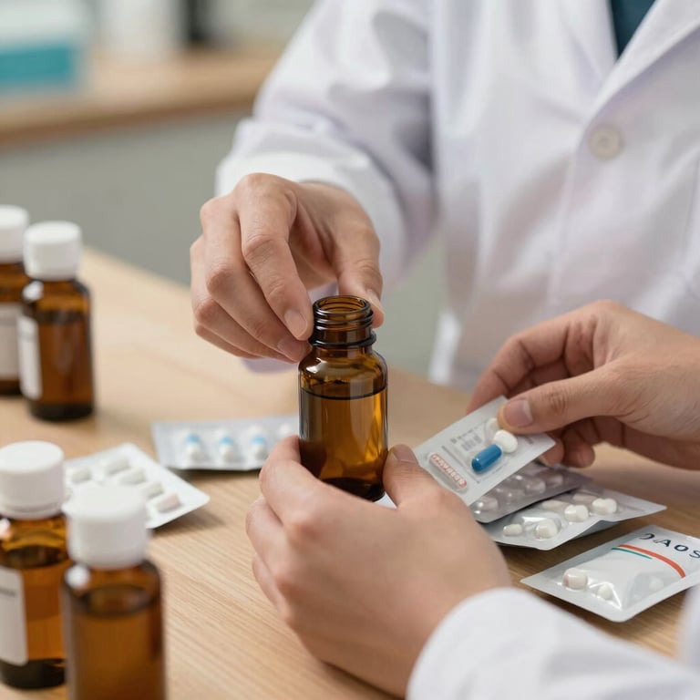 Close-up of pharmacist hands carefully organizing amber glass bottles and clean medicine packages on a wooden counter, soft natural light