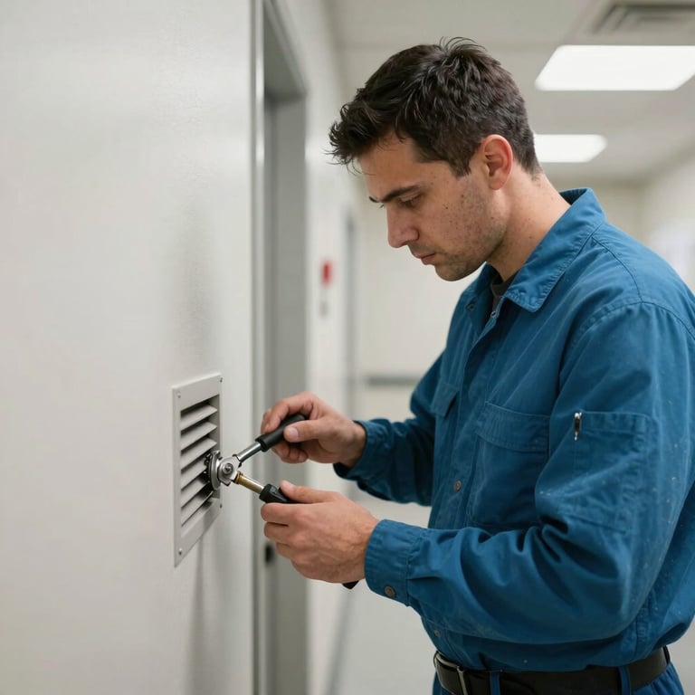 A technician in a steel blue teal uniform inspecting a vent with professional tools in a bright North American / US hallway.