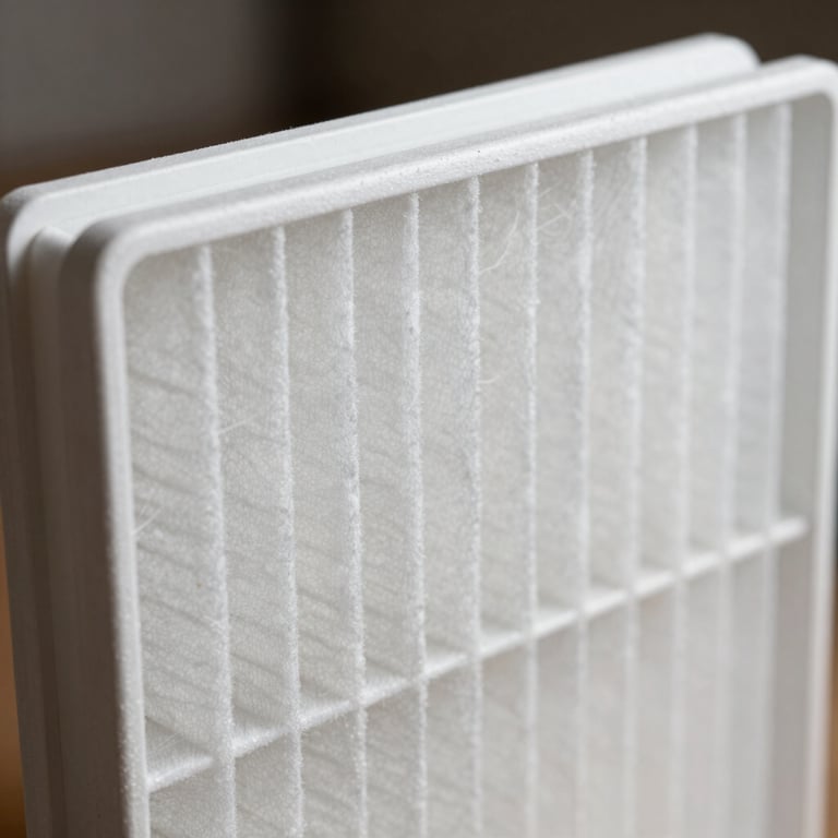 A close-up of a high-efficiency HEPA filter, brand new and white, used for North American / US residential cleaning.