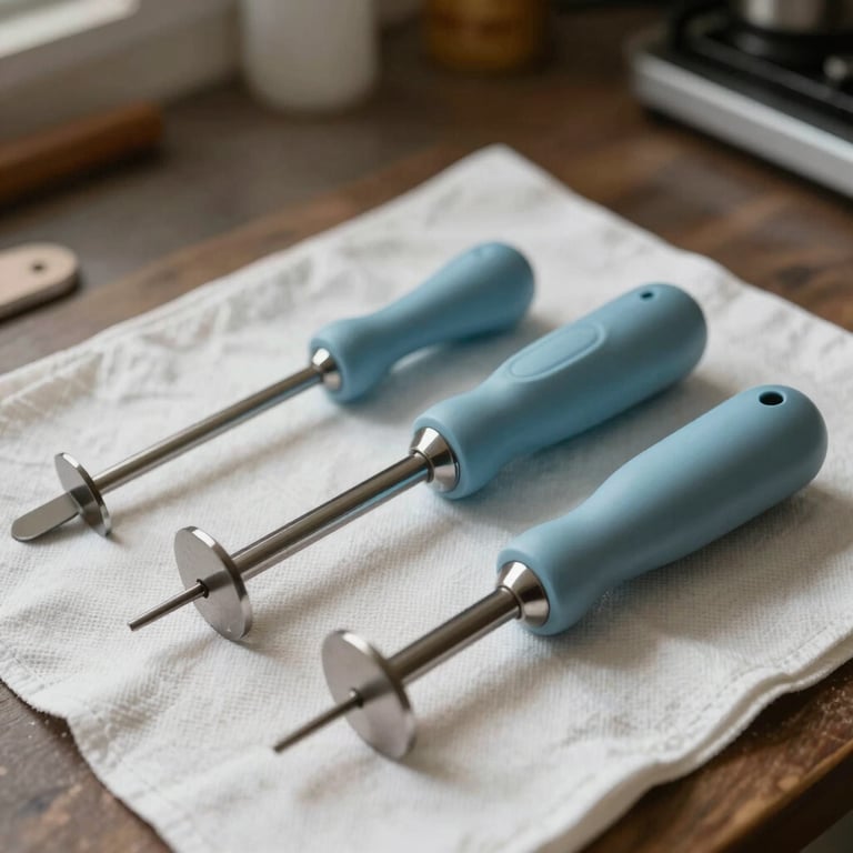 Detailed view of advanced agitation tools with muted sky blue accents on a clean drop cloth in a North American / US residence.