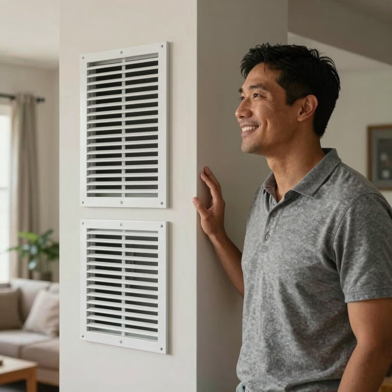A smiling North American / US homeowner admiring the fresh air in their modern living room with clean vents.