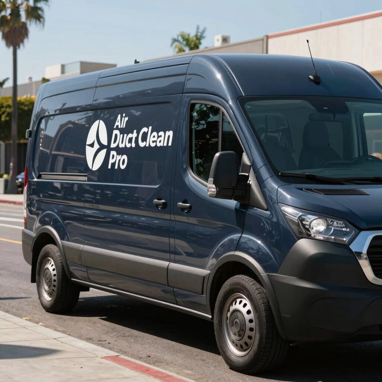 A modern service van with the Air Duct Clean Pro logo in deep midnight navy parked on a sunny Los Angeles street.