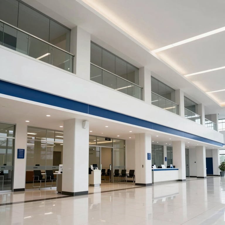 Wide-angle interior shot of a modern, secure bank branch in Kinshasa, clean architectural lines, reinforced structural elements integrated discreetly, bright and professional lighting.