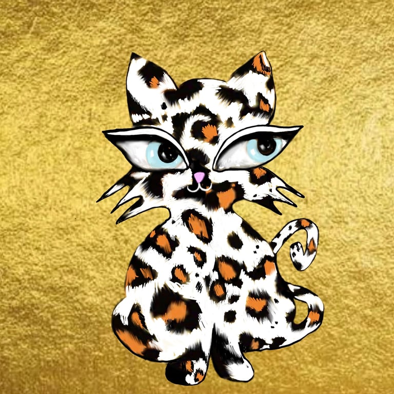Hawa Cat Gold Leopard collectible fine art print by Eve Hennessa on textured gold background