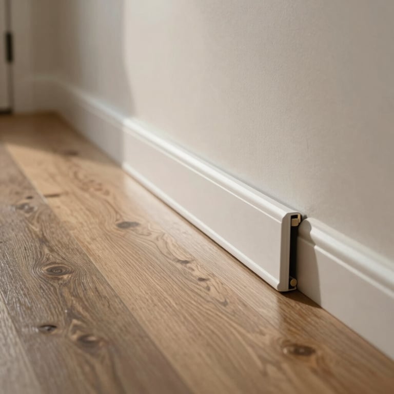 Close-up of a perfectly installed baseboard against a new laminate floor in a sunlit hallway.