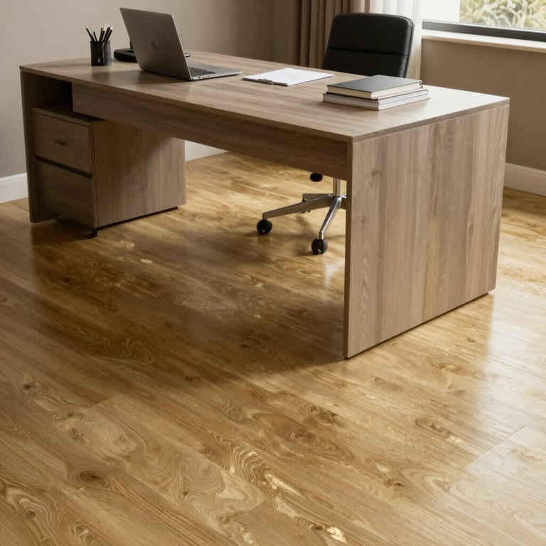 A stylish South American / Brazilian home office with polished muted gold laminate floors and modern desk.