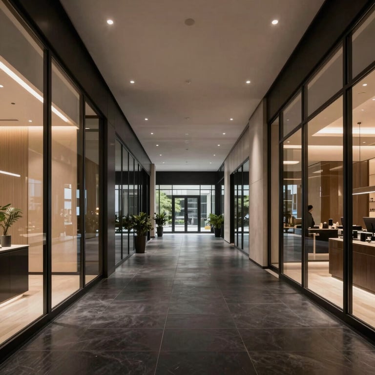 A modern commercial lobby in Brazil with dark charcoal flooring and elegant glass partitions.