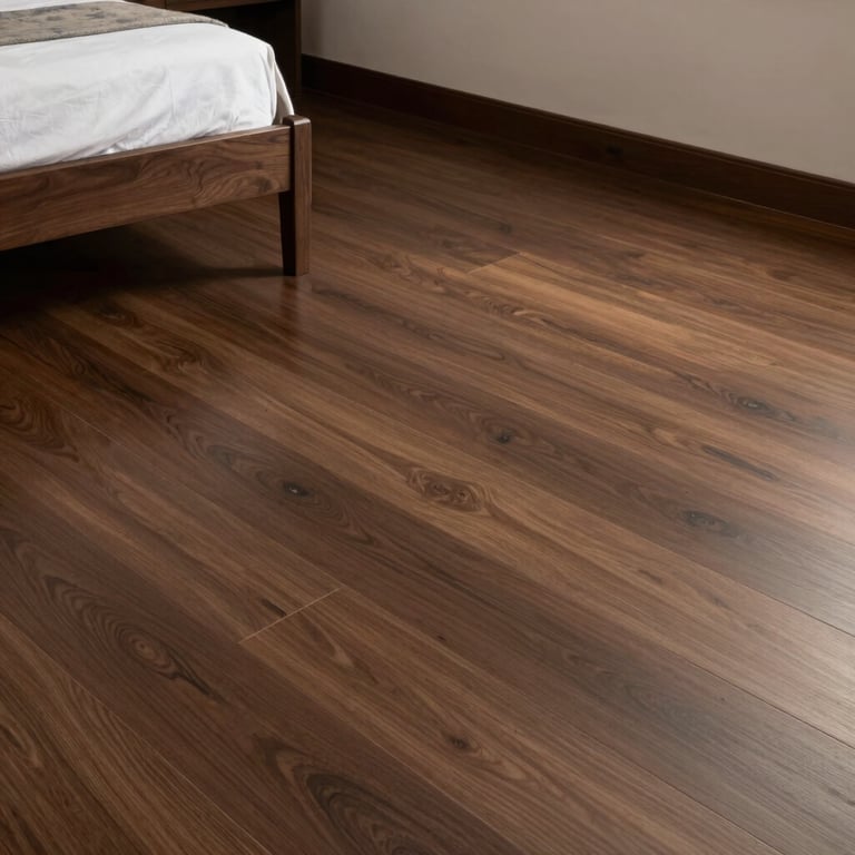 A spacious bedroom in a Brazilian house featuring seamless floor installation with deep earthy brown accents.