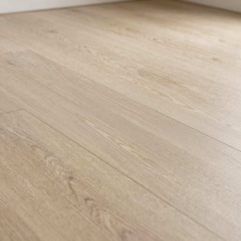 Detail shot of high-quality laminate floor texture in soft beige tones under warm indoor lighting.