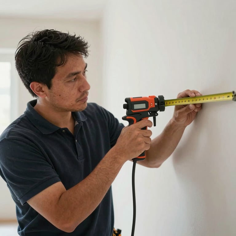 Professional installer measuring a room with precision tools, highlighting expertise and reliability.