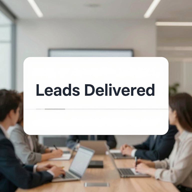 A celebratory corporate image of a 'Leads Delivered' notification with a clean aesthetic.