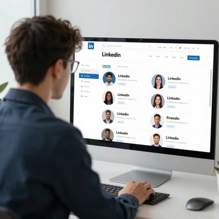 A professional recruiter reviewing candidate LinkedIn profiles on a clean, modern display.