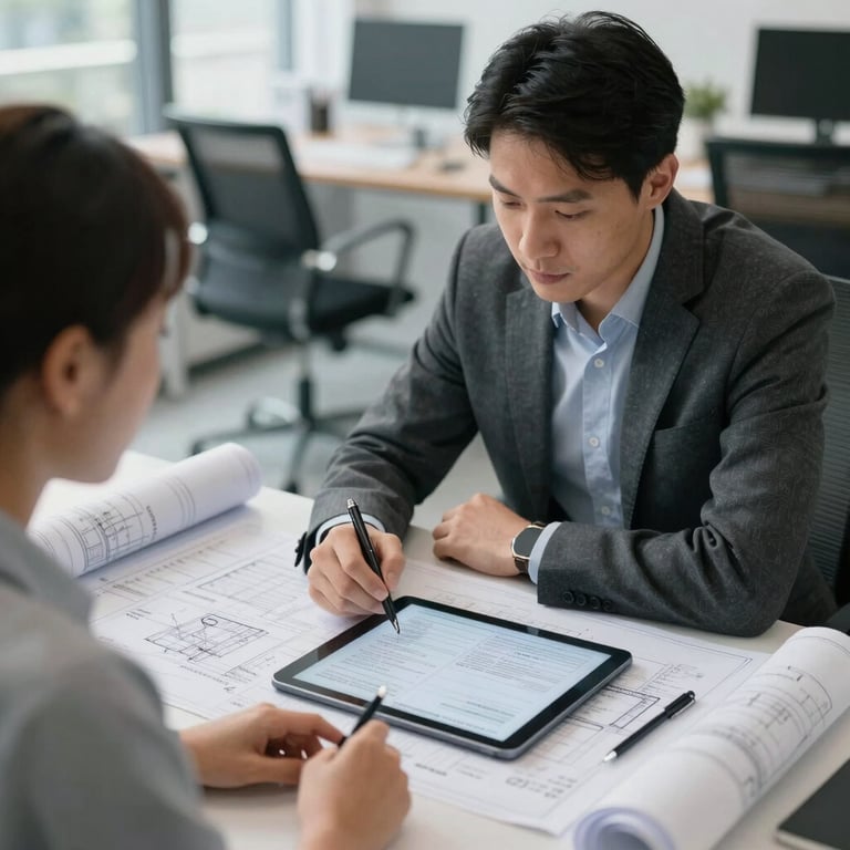 A professional consultation occurring in a modern office with blueprints and equipment specs on a tablet.