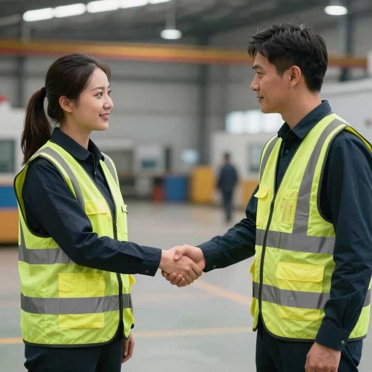 Two professionals in high-visibility vests shaking hands at an industrial site, representing a successful transaction.