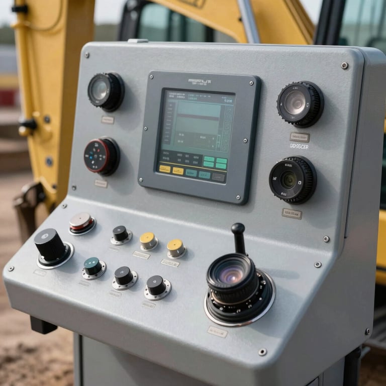 A close-up of a modern heavy equipment control panel in a North American setting, showing advanced technology and precision.