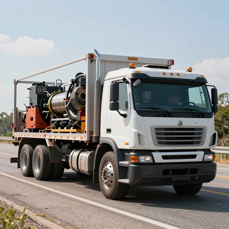 A heavy-duty commercial truck transporting machinery on a US highway during a bright, clear day.