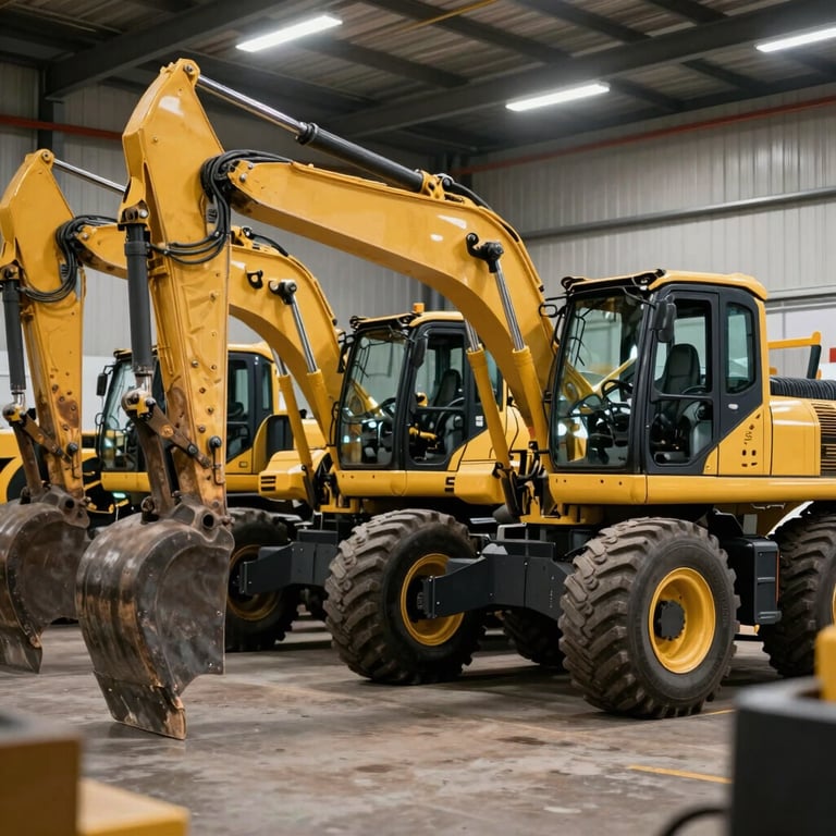 A row of well-maintained earthmovers at a professional equipment dealership, capturing a sense of scale and expert inventory.