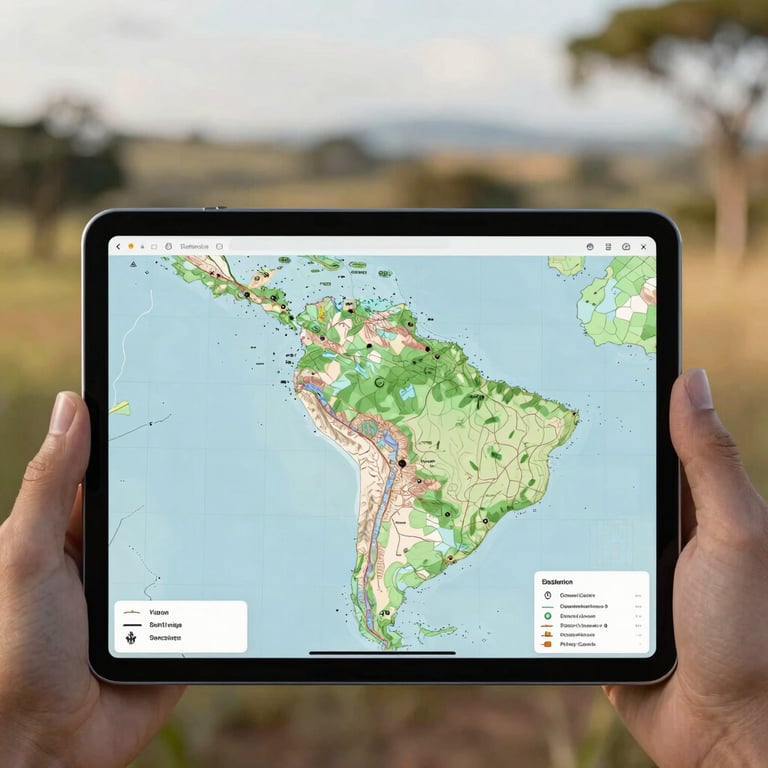 Professional topographic map displayed on a tablet in an outdoor South American rural setting with soft sunlight.