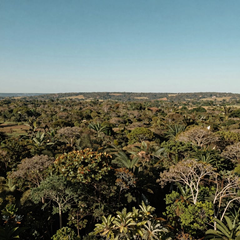 A wide landscape of a managed Brazilian forest under a clear sky, emphasizing environmental preservation.