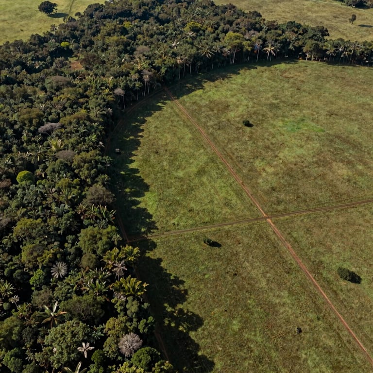 Aerial drone view of a Brazilian farm showing clearly defined property boundaries between forest and pasture.