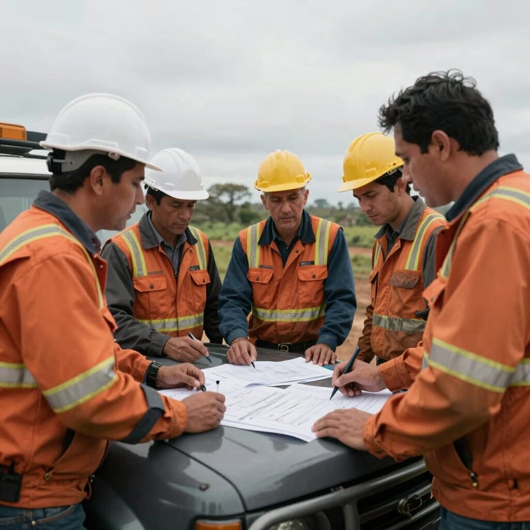A group of engineering professionals in field gear discussing plans over a truck hood in a rural South American setting.