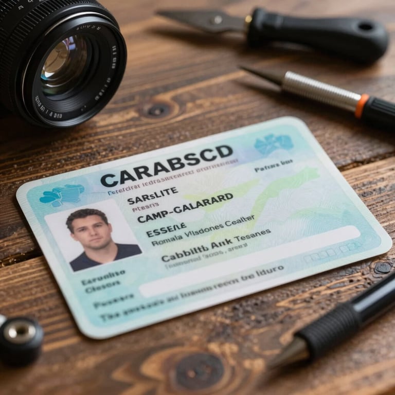 Detailed close-up of a CAR registration certificate on a rustic wooden table with professional drafting tools.