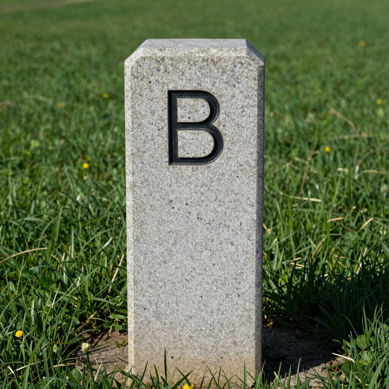 Close-up of a boundary marker stone in a lush green field, symbolizing land regularization and permanence.
