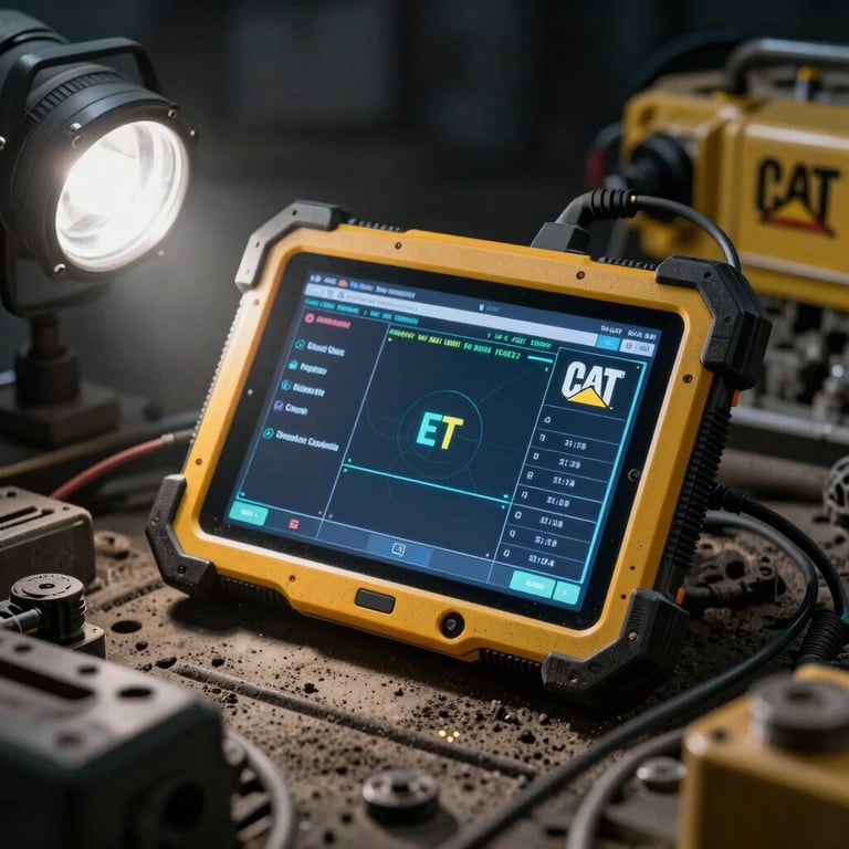 Tight macro shot of a ruggedized diagnostic tablet connected to a Caterpillar engine bay, glowing screen displaying active CAT ET diagnostic codes, dusty mining environment, dramatic work light, high-contrast.